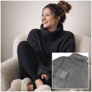 Cozy Marled Yarn Knit Oversized Turtleneck Sweater- Large- Black‎ Tunic Length